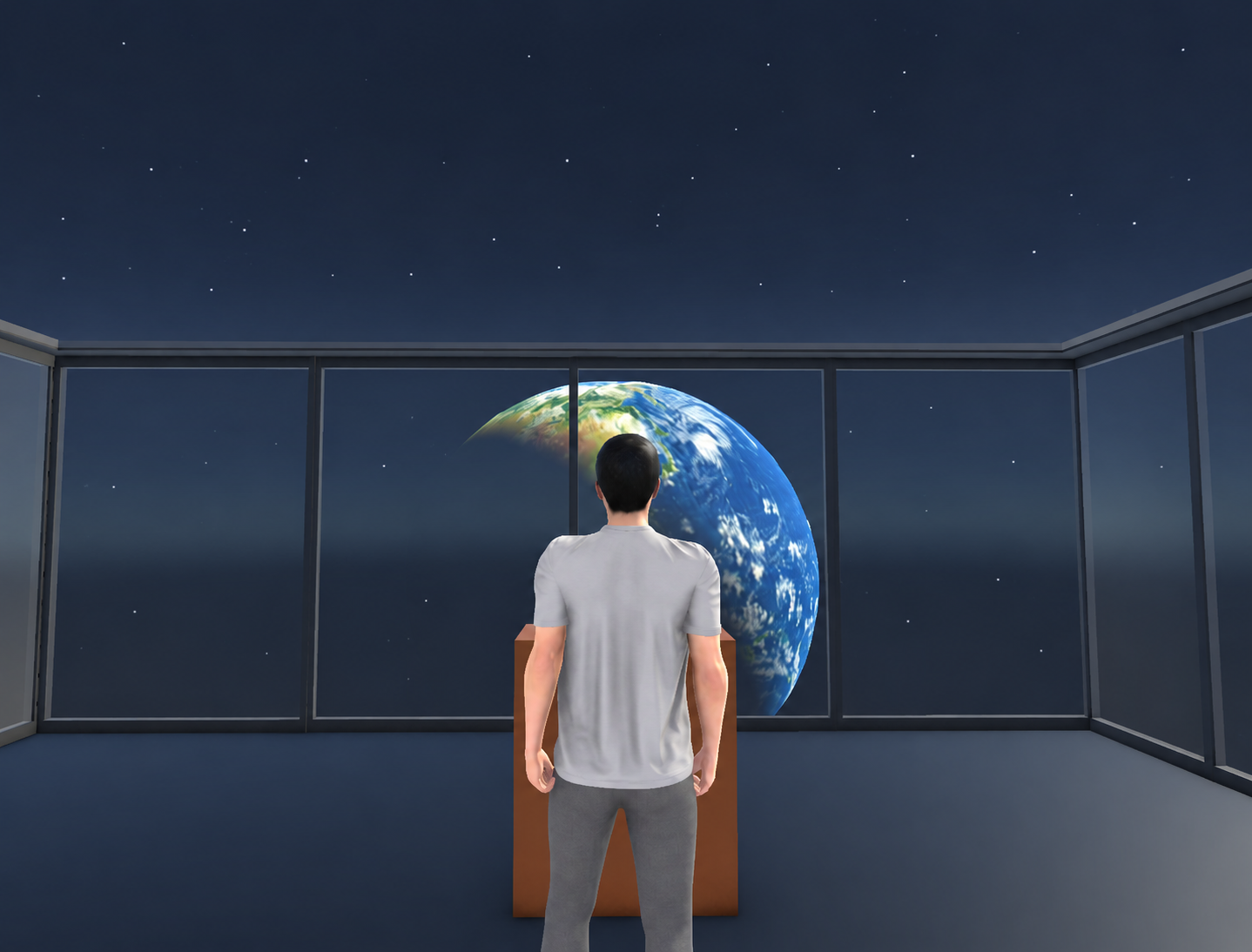 A participant facing Earth in the real Station’s glass room, with a simple lectern in front of them.
